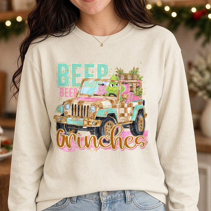 Grinches - Copy DTF transfer shown on a Comfort Colors long sleeve tee