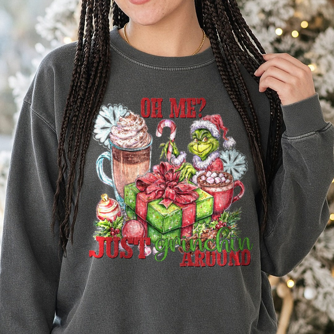 Grinchin - Copy DTF transfer shown on a Comfort Colors sweatshirt