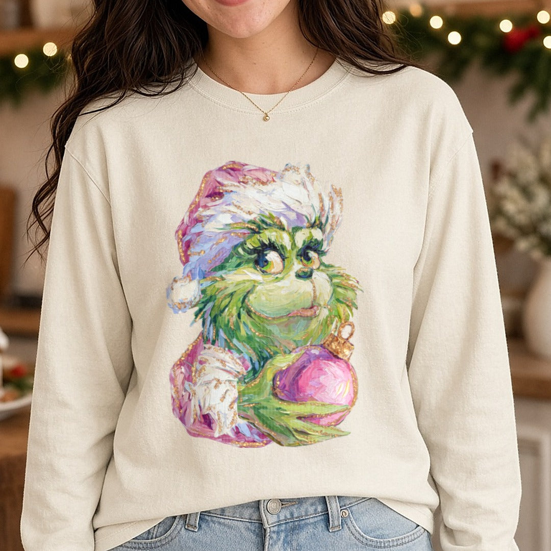 Grinch painting - Copy DTF transfer shown on a Comfort Colors long sleeve tee
