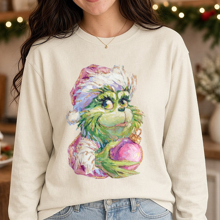 Grinch painting - Copy DTF transfer shown on a Comfort Colors long sleeve tee