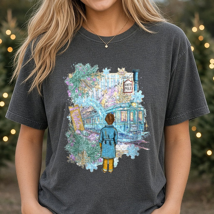 Polar express DTF transfer shown on a Comfort Colors tee