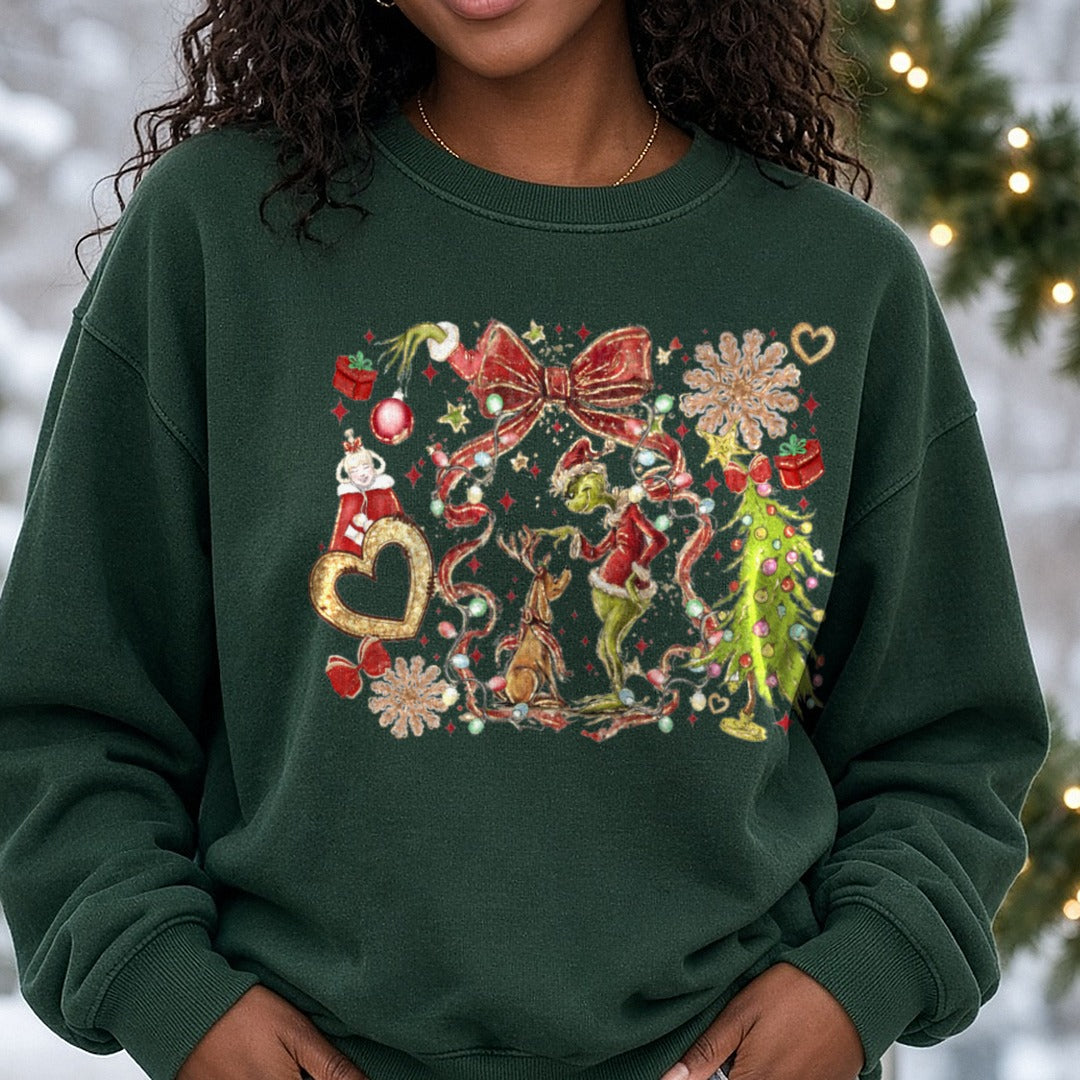 Grinch - Copy DTF transfer shown on a Comfort Colors sweatshirt