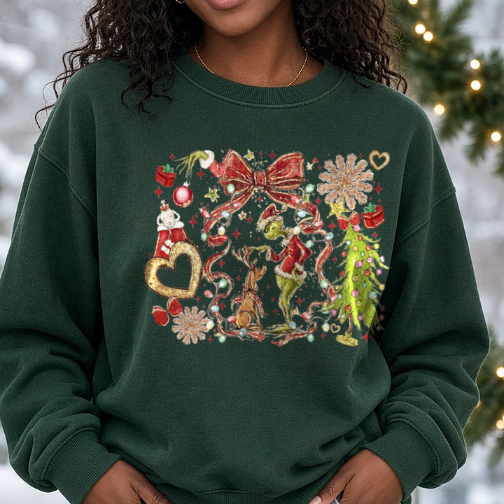 Grinch - Copy DTF transfer shown on a Comfort Colors sweatshirt