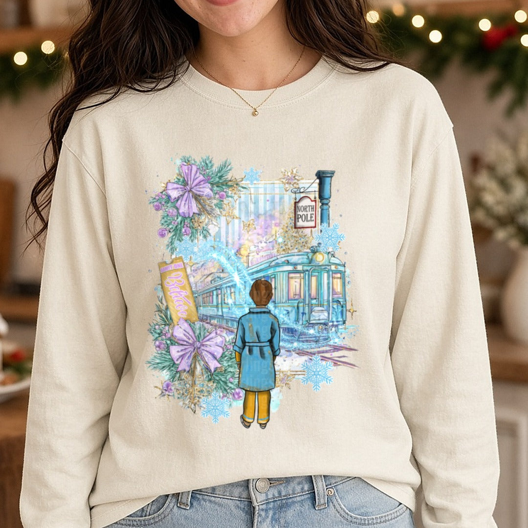 Polar express coquette - Copy DTF transfer shown on a Comfort Colors long sleeve tee