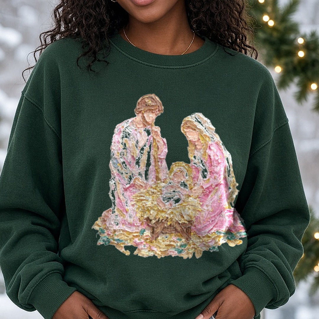 Nativity - Copy DTF transfer shown on a Comfort Colors sweatshirt