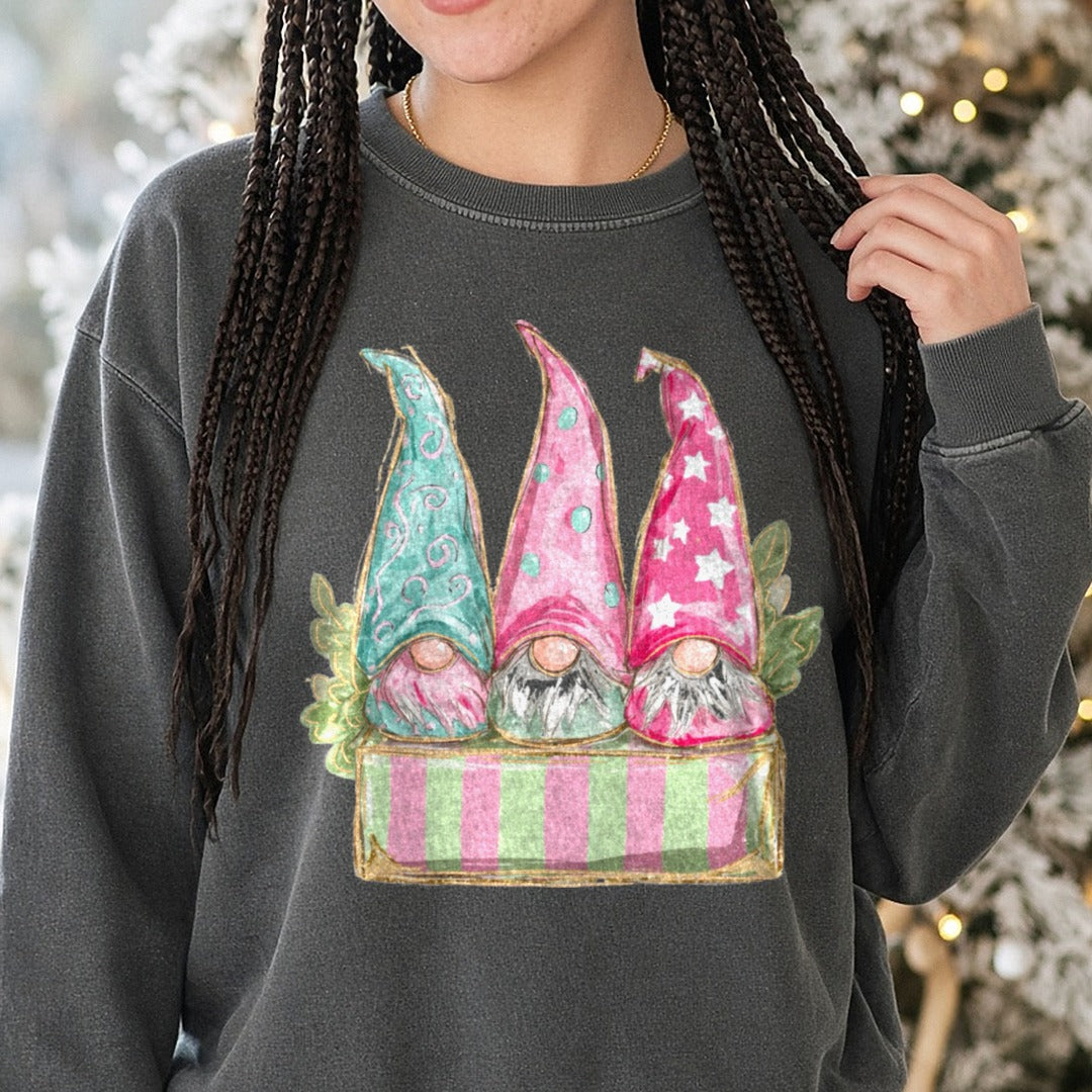 Gnome - Copy DTF transfer shown on a Comfort Colors sweatshirt
