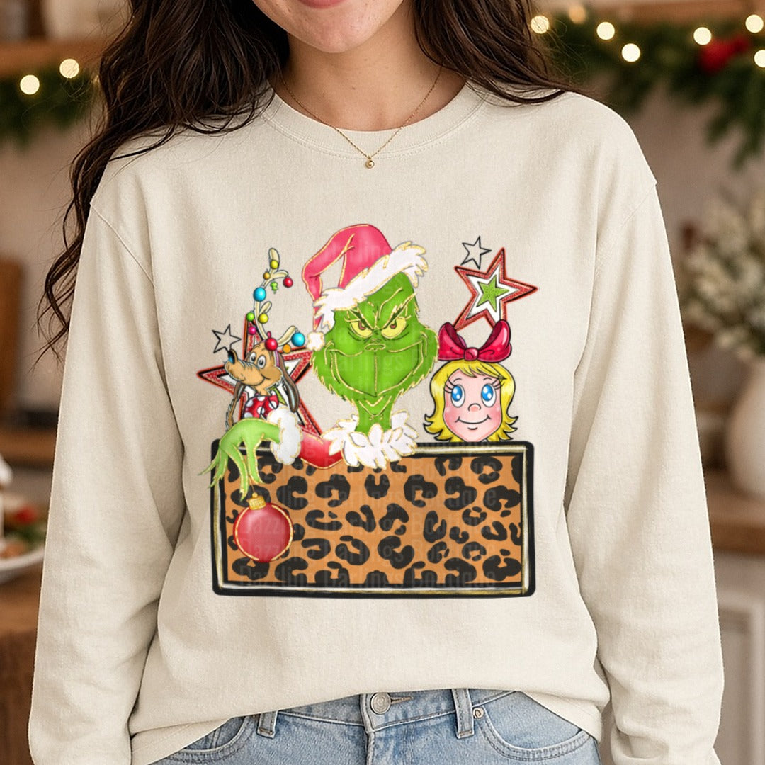 Grinch name plate - Copy DTF transfer shown on a Comfort Colors long sleeve tee