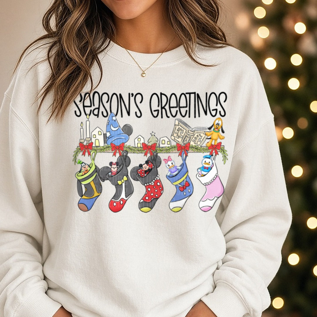 Seasons greetings DTF transfer shown on a Comfort Colors sweatshirt