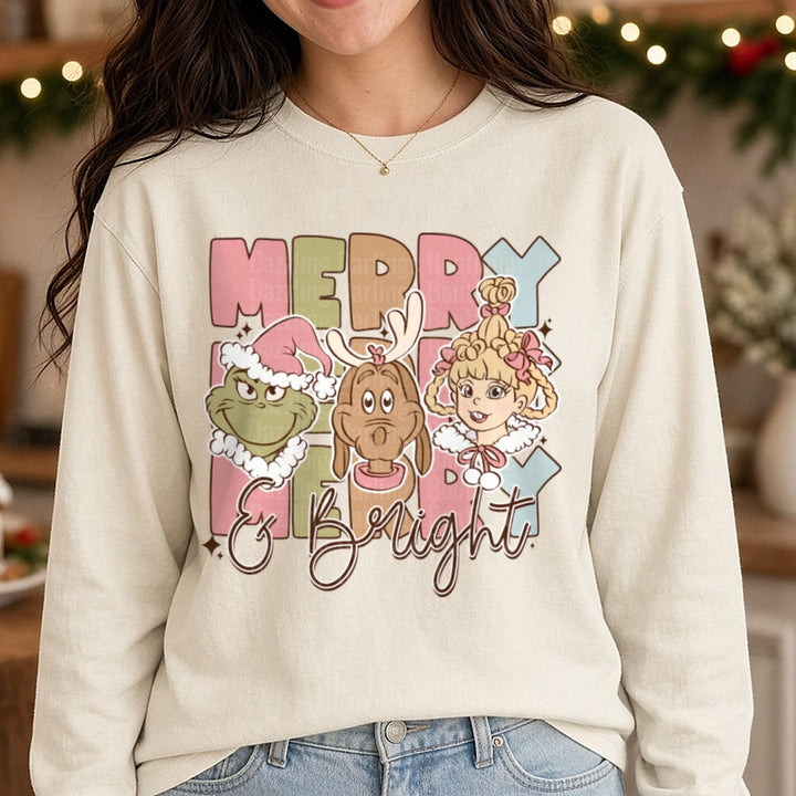 Merry and bright - Copy DTF transfer shown on a Comfort Colors long sleeve tee