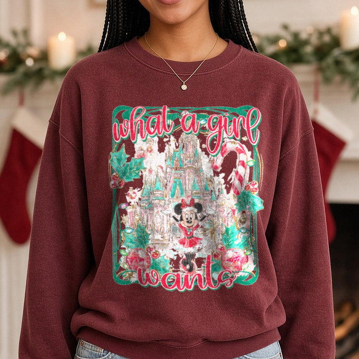 What a girl wants DTF transfer shown on a Comfort Colors sweatshirt