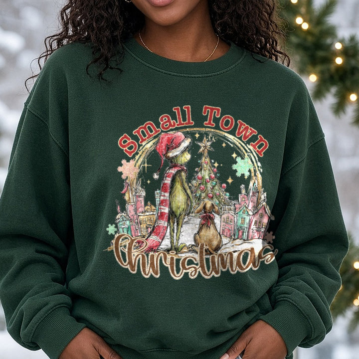 Small town DTF transfer shown on a Comfort Colors sweatshirt