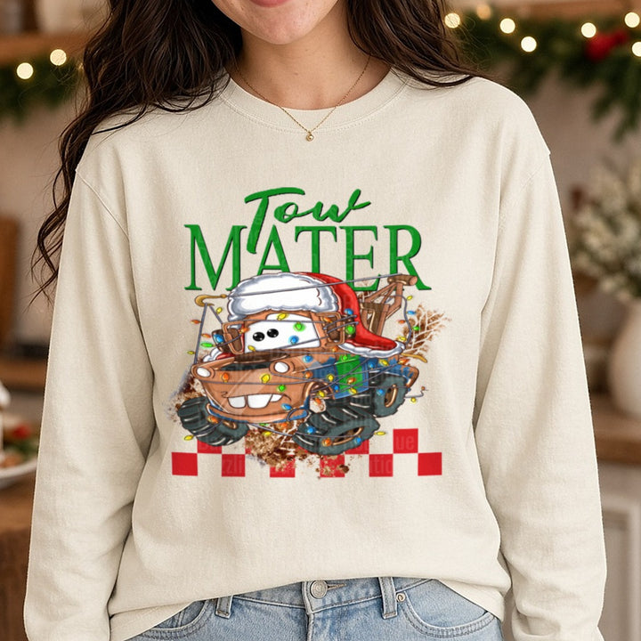 Tow mater DTF transfer shown on a Comfort Colors long sleeve tee