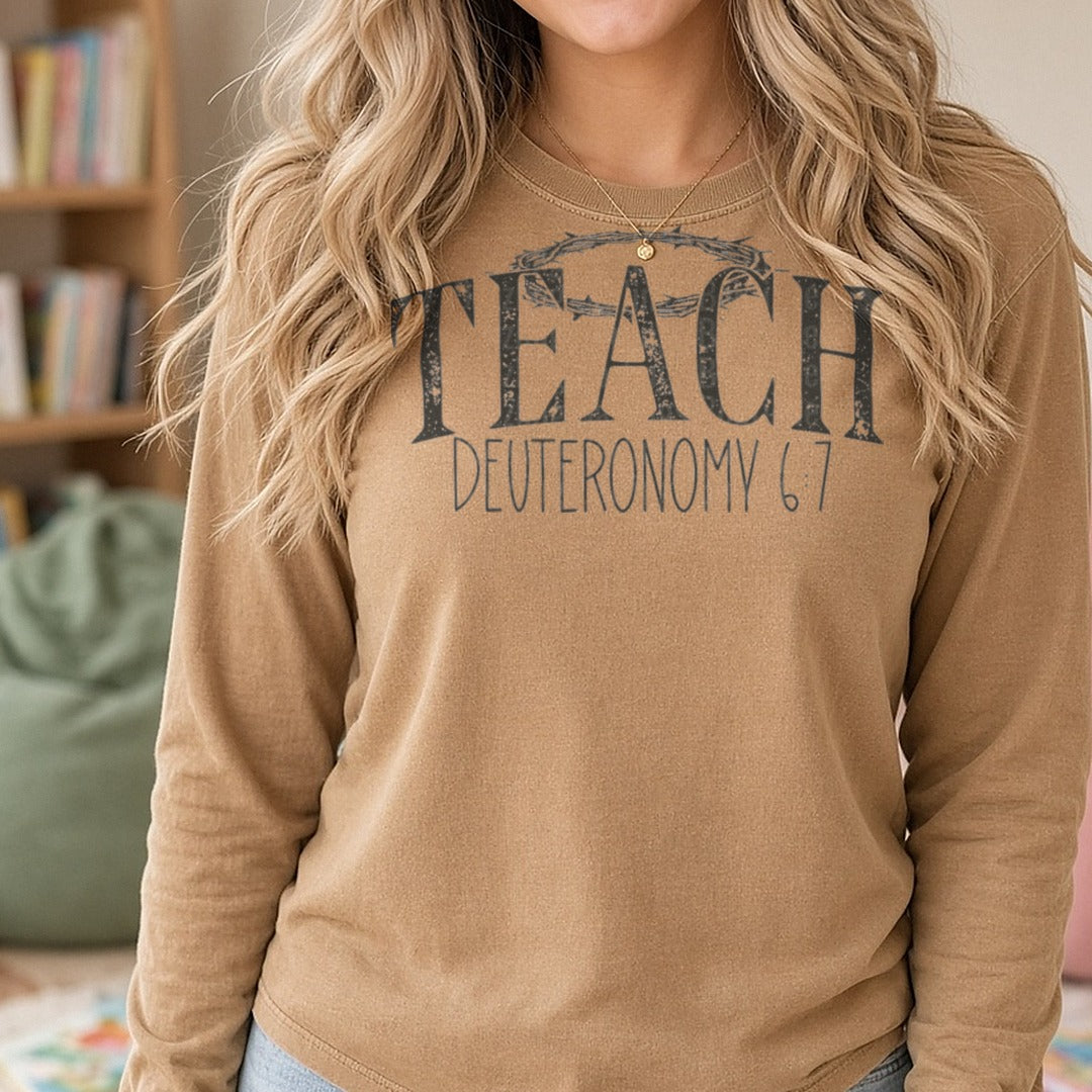 Teach DTF transfer shown on a Comfort Colors long sleeve tee