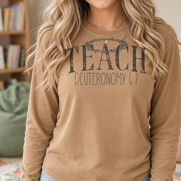 Teach DTF transfer shown on a Comfort Colors long sleeve tee