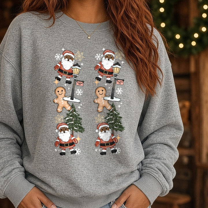 Darker Skin Tone Santa Sleeve DTF transfer shown on a Comfort Colors sweatshirt