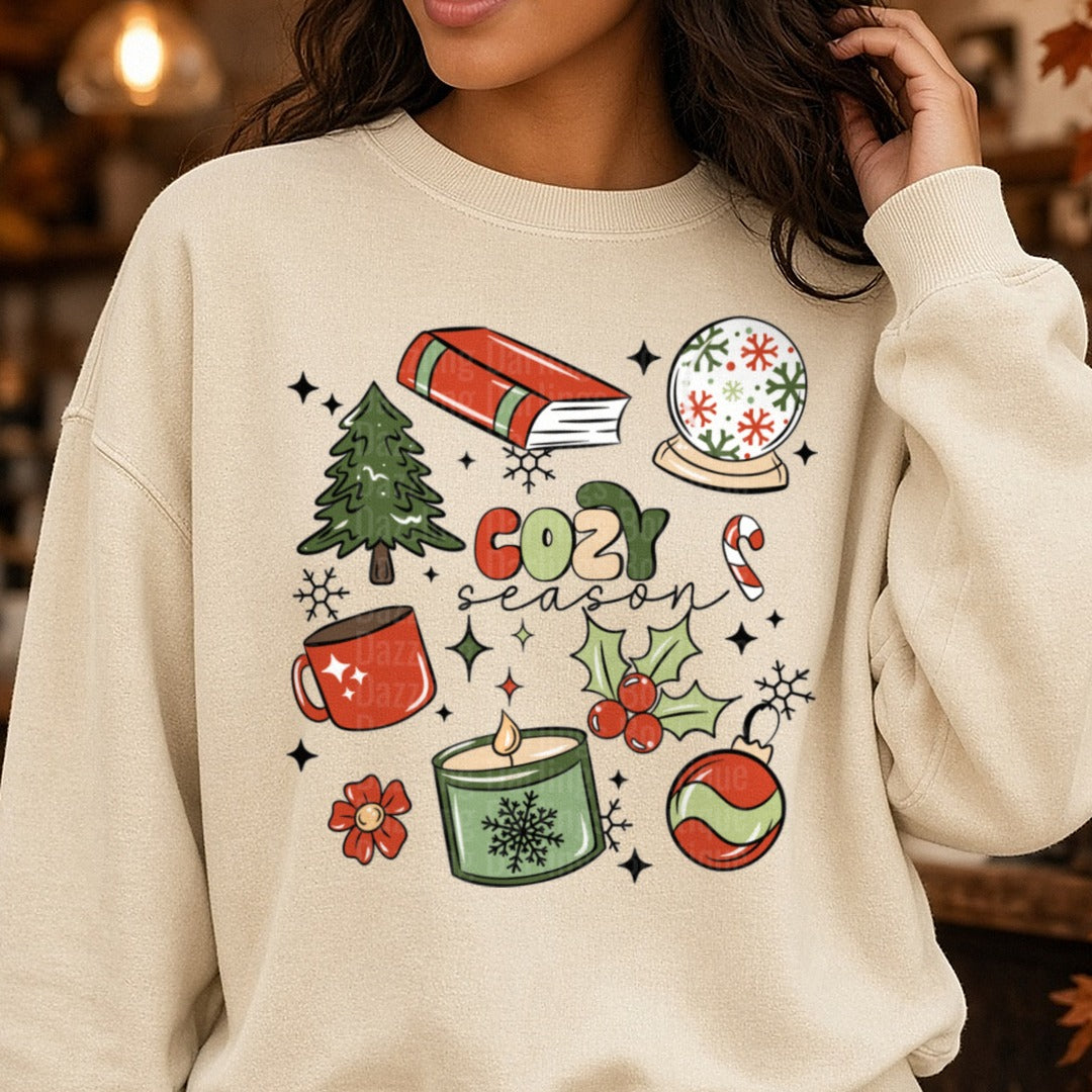 Cozy Season Collage DTF transfer shown on a Comfort Colors sweatshirt