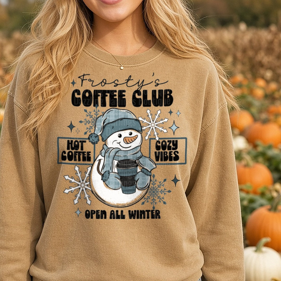 Frostys Coffee Club DTF transfer shown on a Comfort Colors sweatshirt