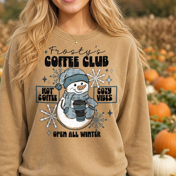 Frostys Coffee Club DTF transfer shown on a Comfort Colors sweatshirt