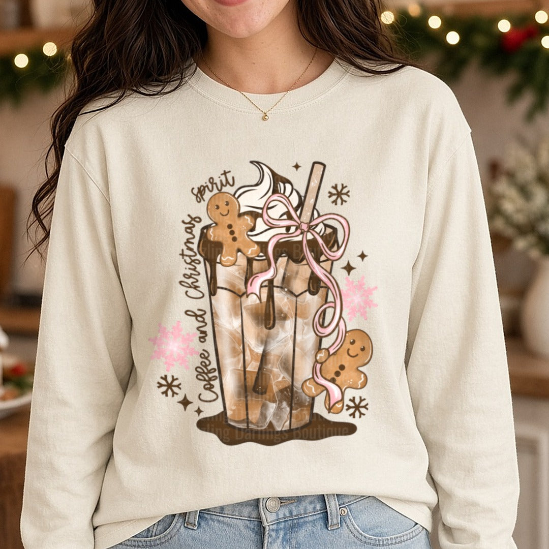 Gingerbread Bow Coffee DTF transfer shown on a Comfort Colors long sleeve tee