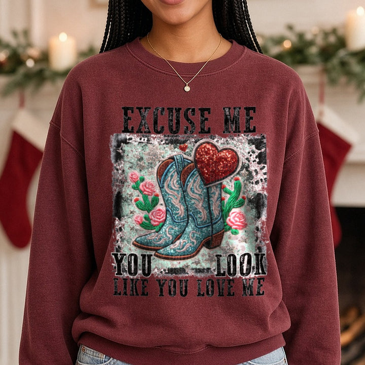 Look Like You Love Me DTF transfer shown on a Comfort Colors sweatshirt