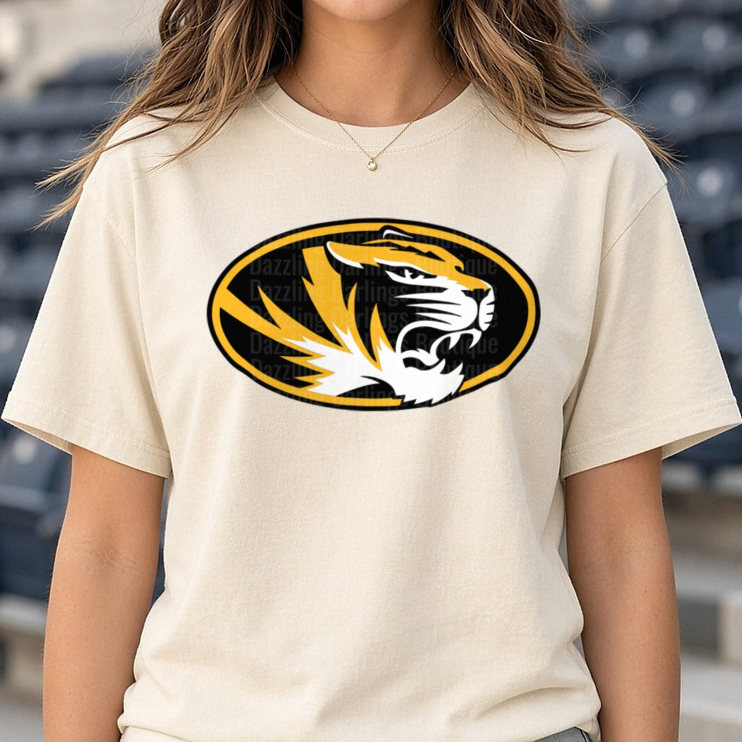 Mizzou Tigers DTF transfer shown on a Comfort Colors tee