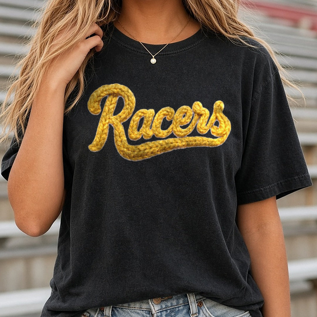 Racers DTF transfer shown on a Comfort Colors tee