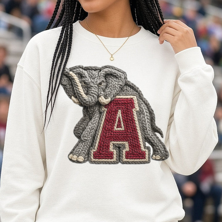 Alabama Knit Elephant Letter A DTF transfer shown on a Comfort Colors sweatshirt