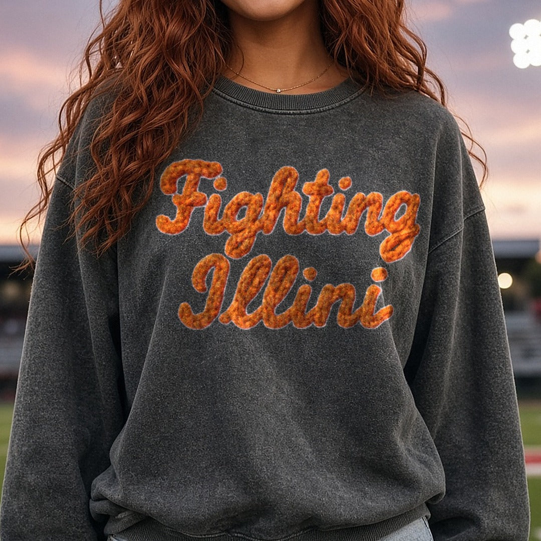 Fighting Illini DTF transfer shown on a Comfort Colors sweatshirt