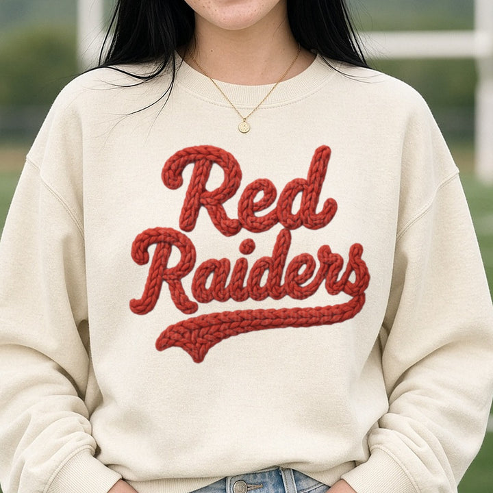Red Raiders DTF transfer shown on a Comfort Colors sweatshirt