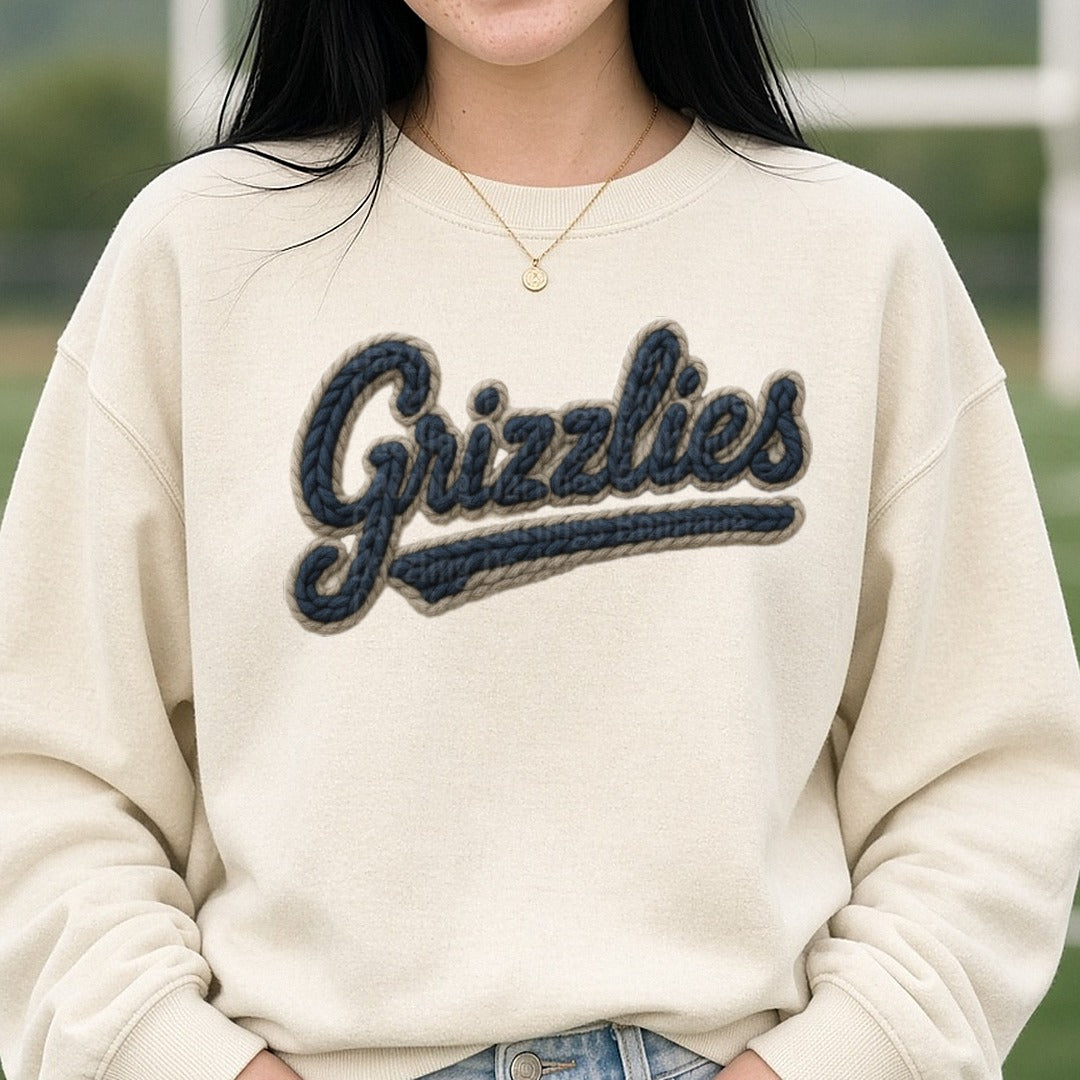 Grizzlies Navy Knit Script DTF transfer shown on a Comfort Colors sweatshirt