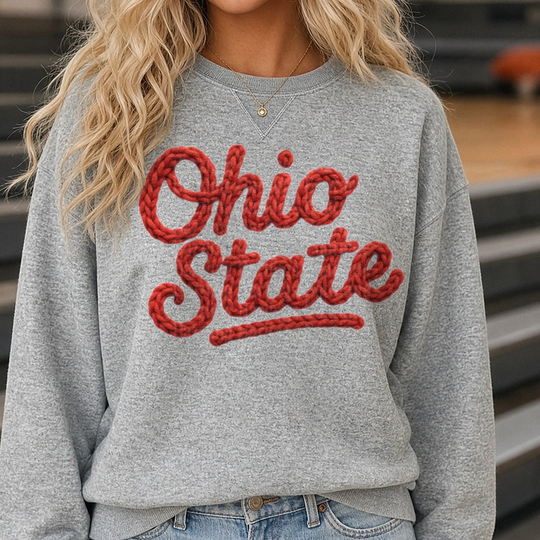 Ohio State Red Yarn Script DTF transfer shown on a Comfort Colors sweatshirt