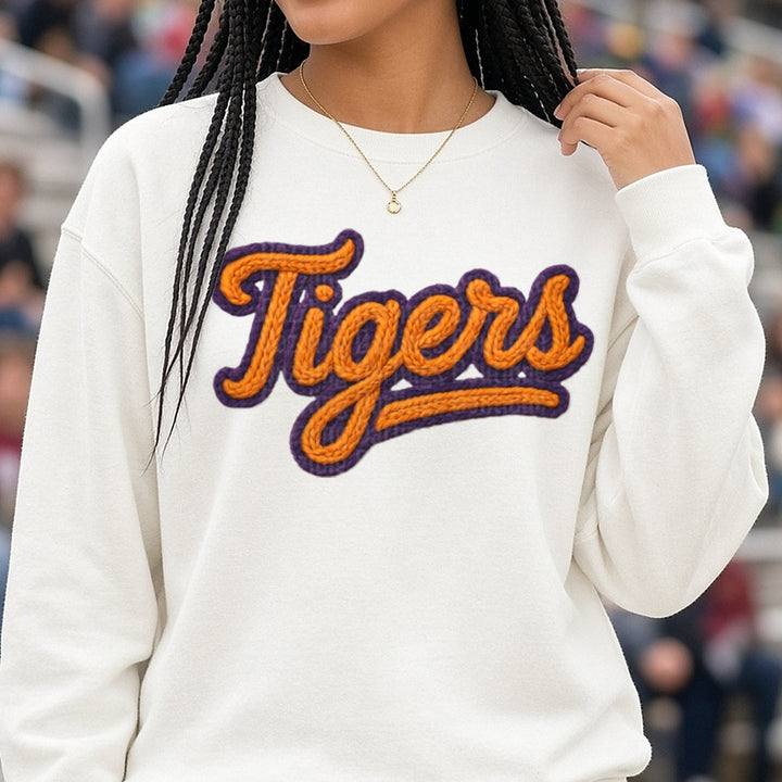 Tigers Orange Knit Script DTF transfer shown on a Comfort Colors sweatshirt
