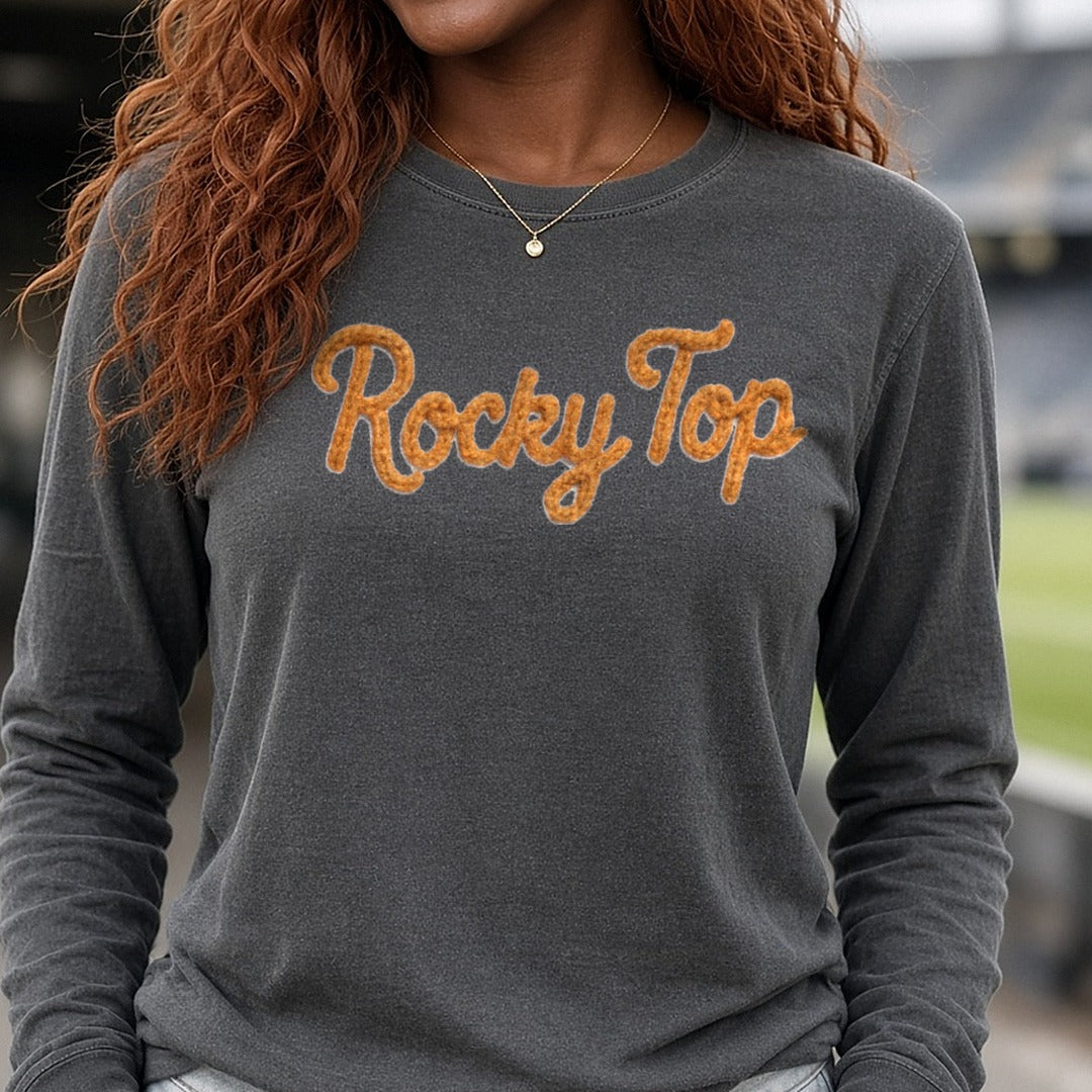 Rocky top TENNESSEE DTF transfer shown on a Comfort Colors long sleeve tee