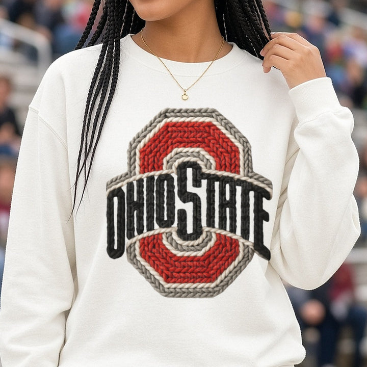 Ohio State DTF transfer shown on a Comfort Colors sweatshirt