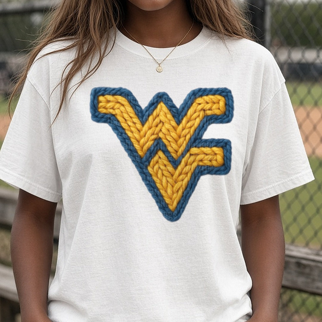 West Virginia mountaineers DTF transfer shown on a Comfort Colors tee