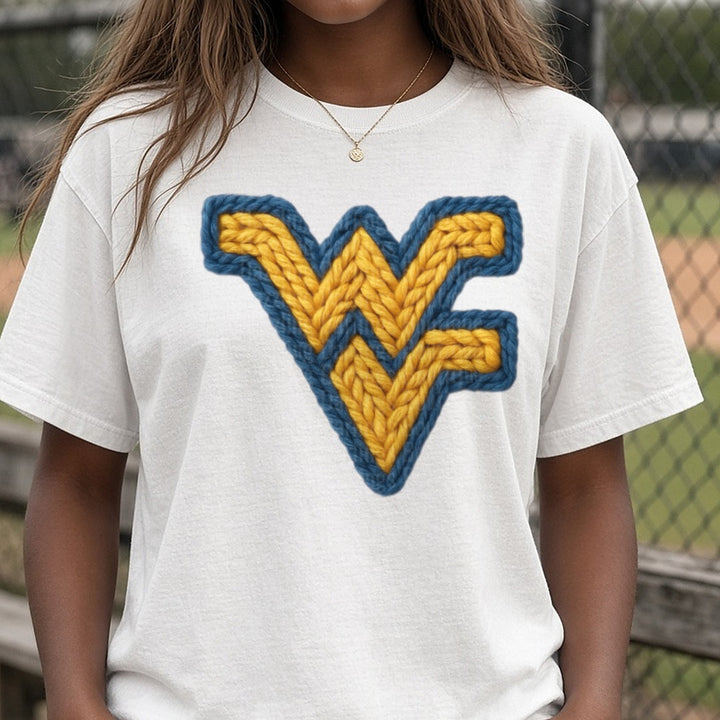 West Virginia mountaineers DTF transfer shown on a Comfort Colors tee