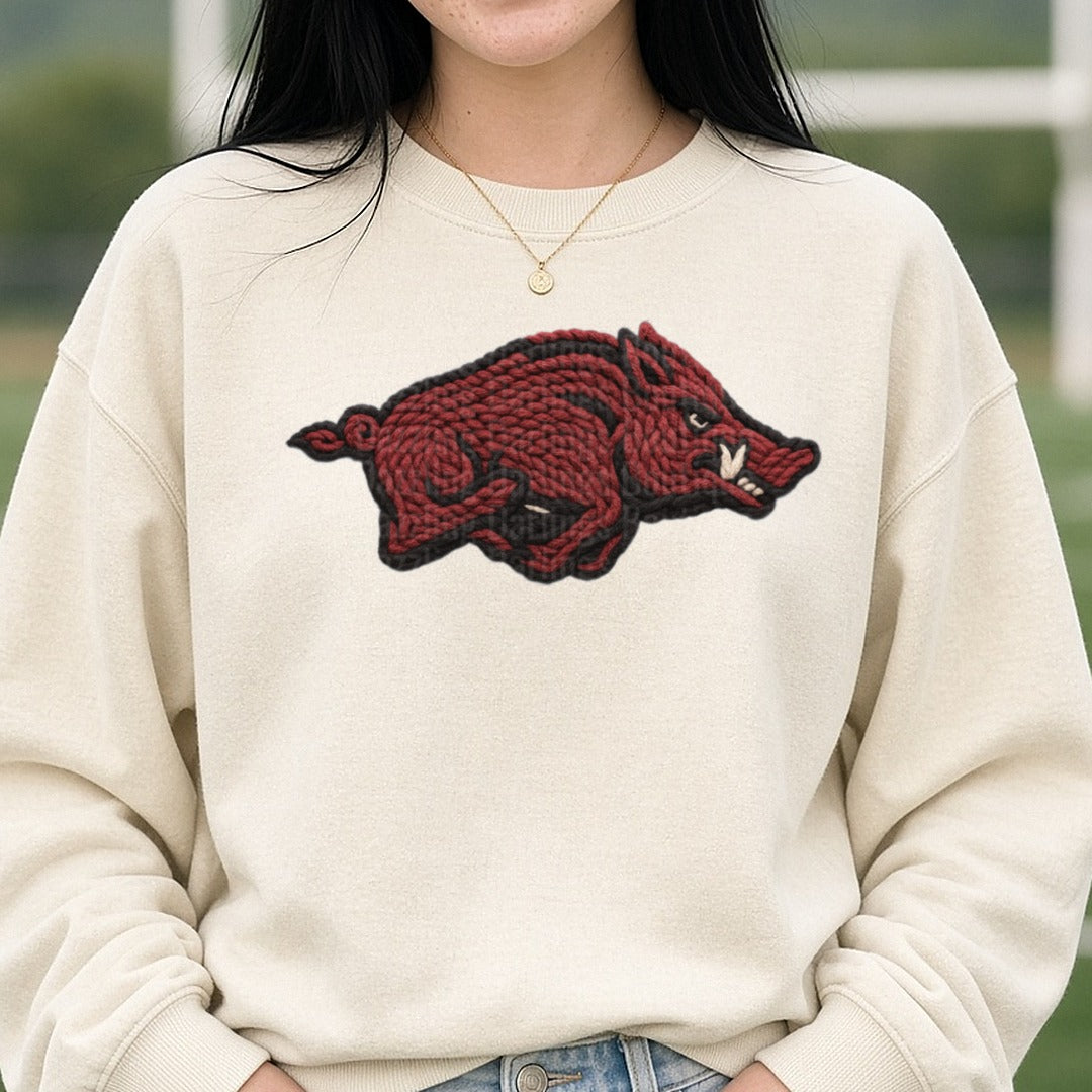 Razorbacks DTF transfer shown on a Comfort Colors sweatshirt