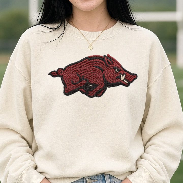 Razorbacks DTF transfer shown on a Comfort Colors sweatshirt
