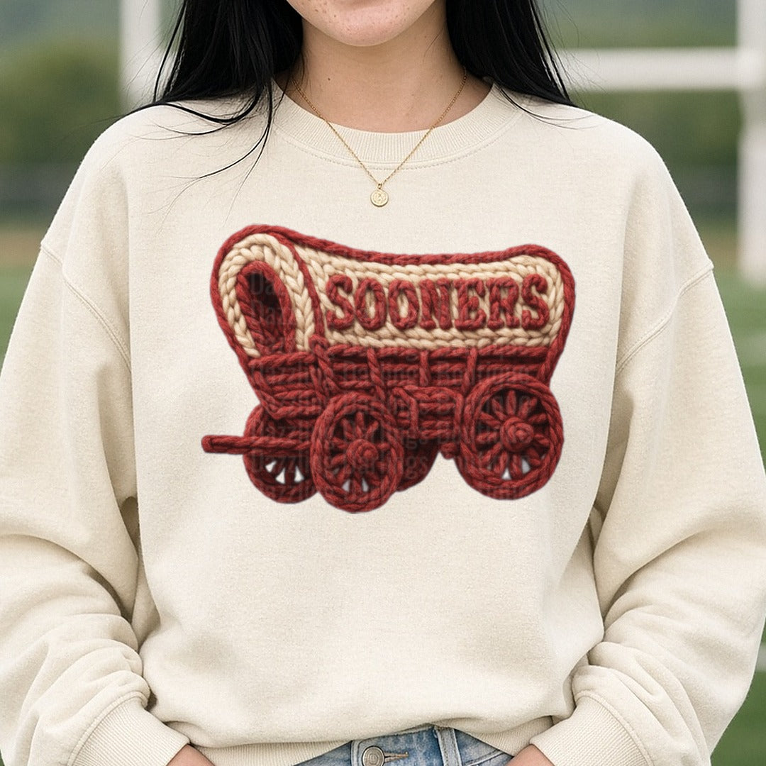 Sooners DTF transfer shown on a Comfort Colors sweatshirt