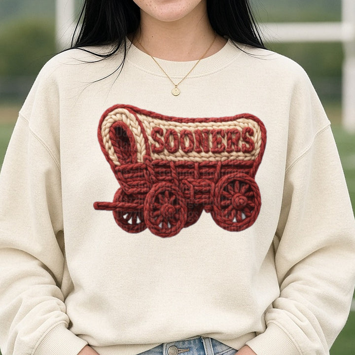 Sooners DTF transfer shown on a Comfort Colors sweatshirt