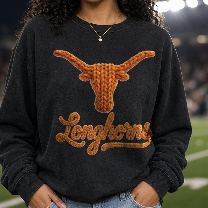 Longhorns DTF transfer shown on a Comfort Colors sweatshirt