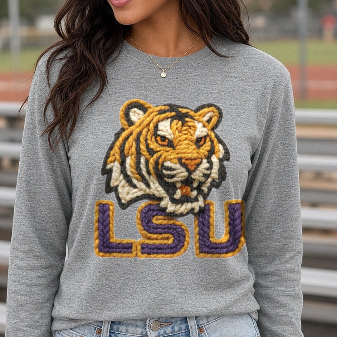 LSU DTF transfer shown on a Comfort Colors long sleeve tee