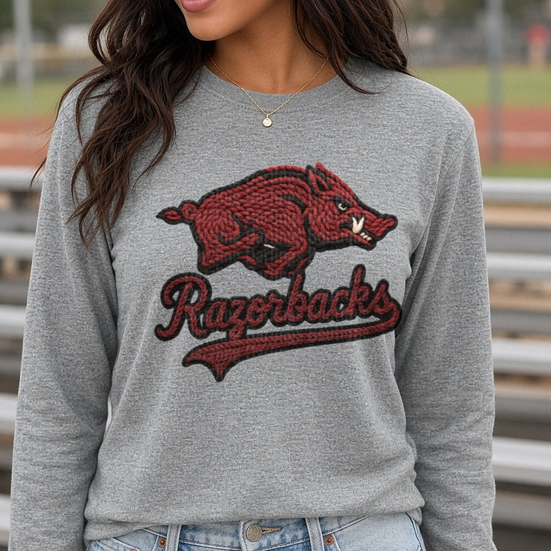 Razorbacks Knit Hog With Script DTF transfer shown on a Comfort Colors long sleeve tee