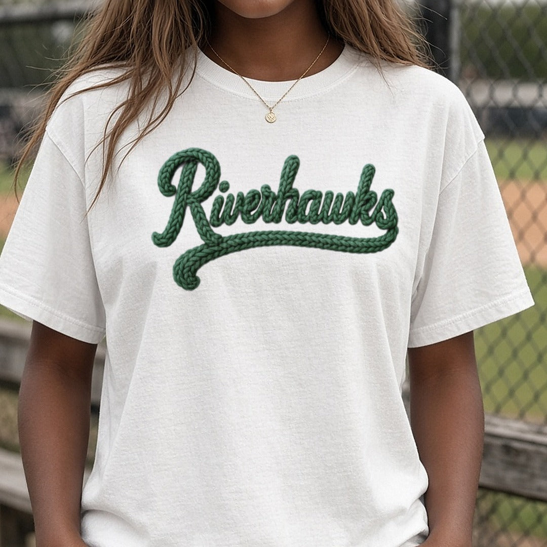 Riverhawks DTF transfer shown on a Comfort Colors tee