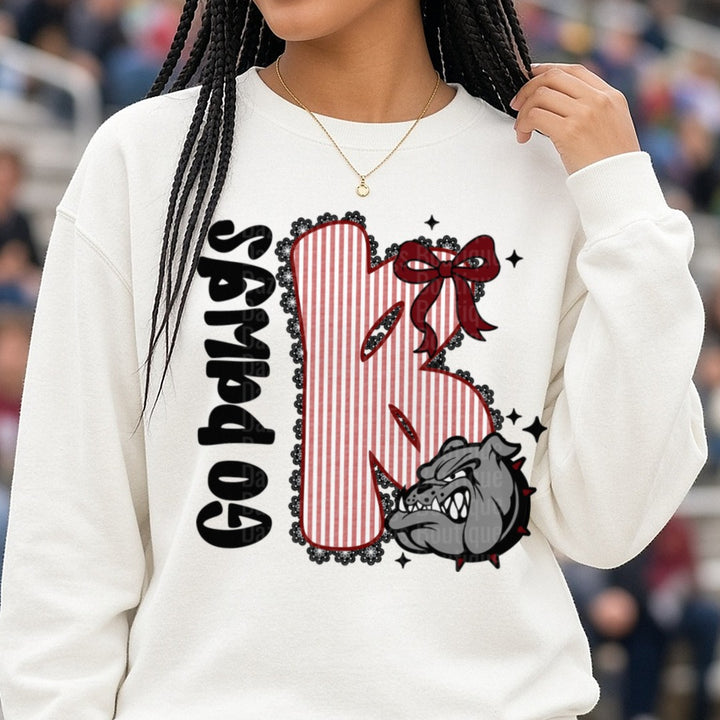 Bulldogs Go Dawgs Letter K Red Bow DTF transfer shown on a Comfort Colors sweatshirt