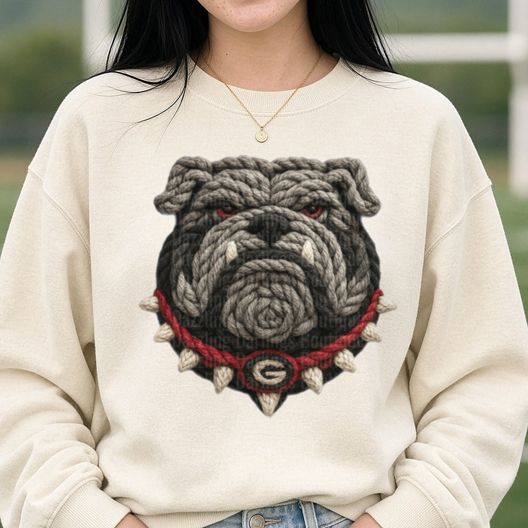 Georgia bulldogs DTF transfer shown on a Comfort Colors sweatshirt