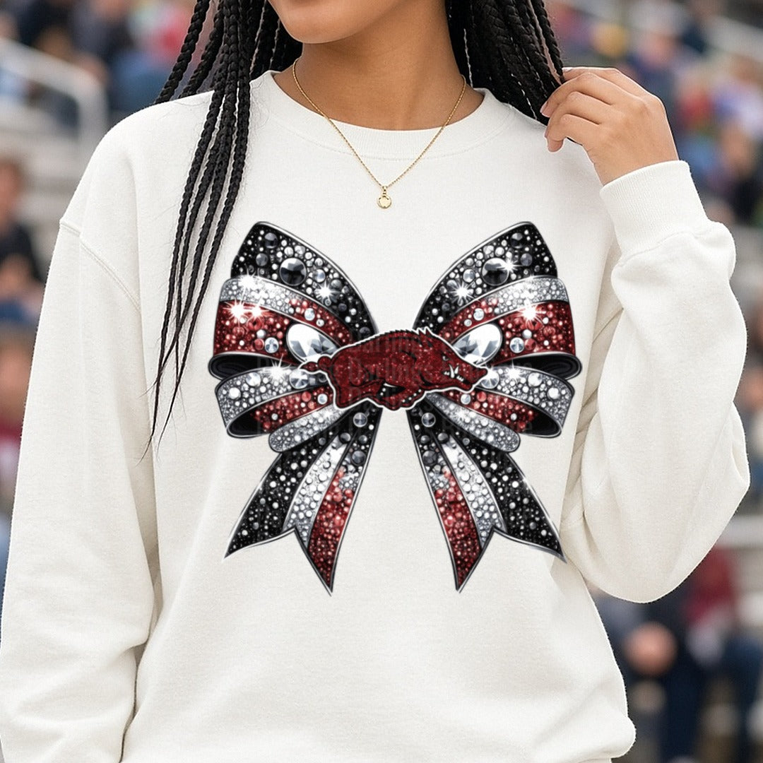 Razorbacks Coquette Bow DTF transfer shown on a Comfort Colors sweatshirt