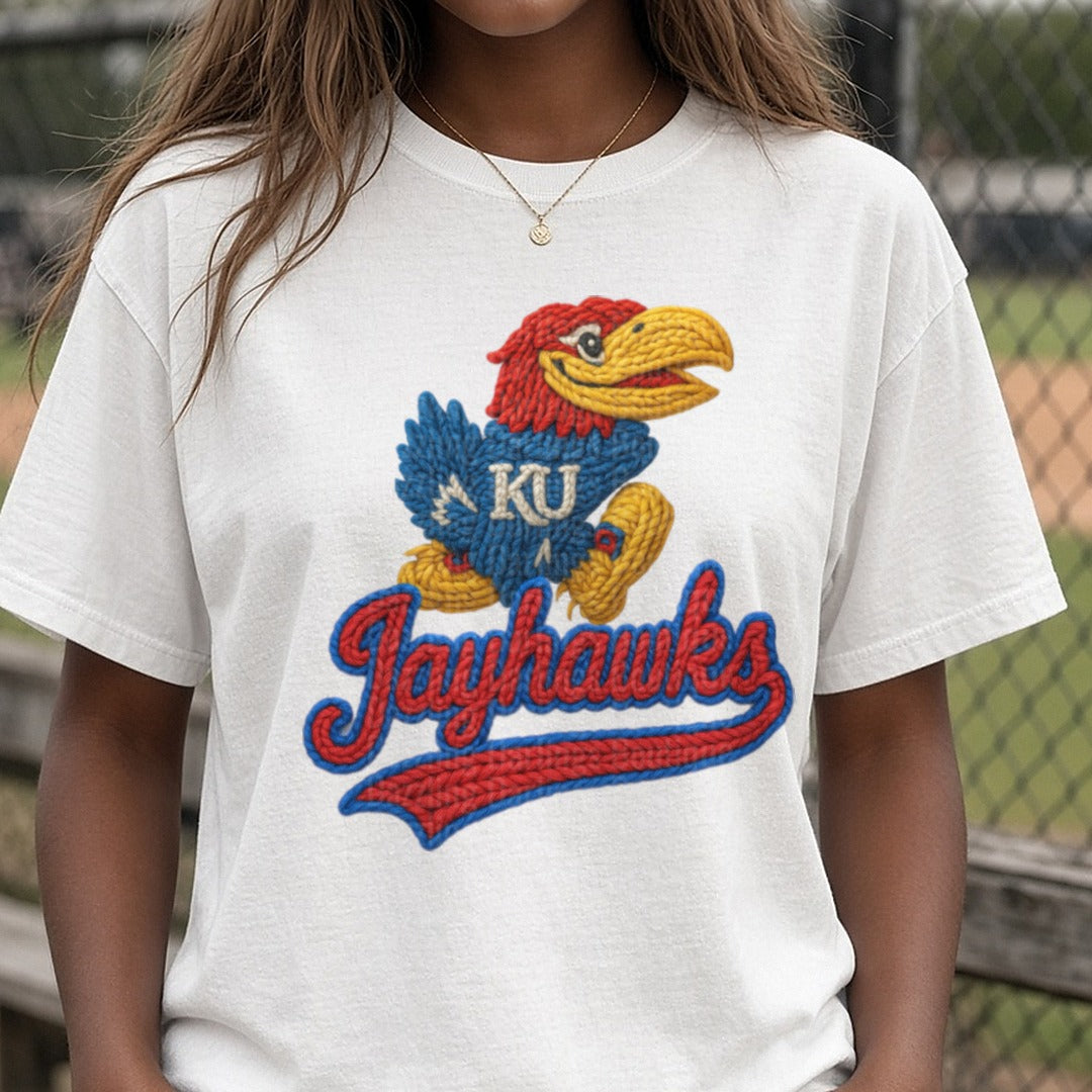 KU Jayhawks DTF transfer shown on a Comfort Colors tee