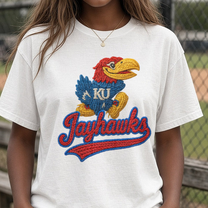 KU Jayhawks DTF transfer shown on a Comfort Colors tee
