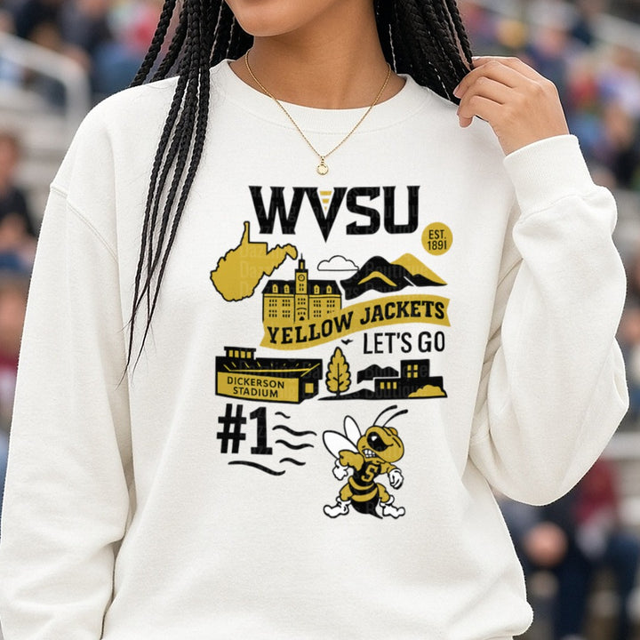 wvsu collage DTF transfer shown on a Comfort Colors sweatshirt
